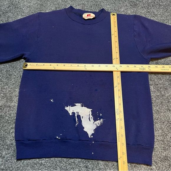 Vintage 70s Navy Blue Russell Athletic Blank Sweatshirt Distressed Paint USA - Picture 3 of 10